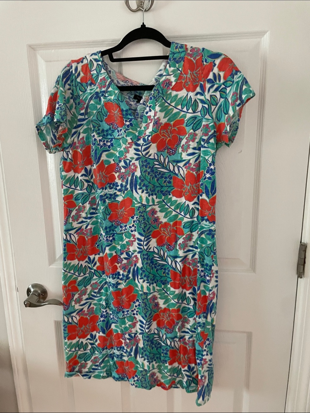 Talbots Multicolor Floral V-Neck Tunic - Coral, Teal & Blue